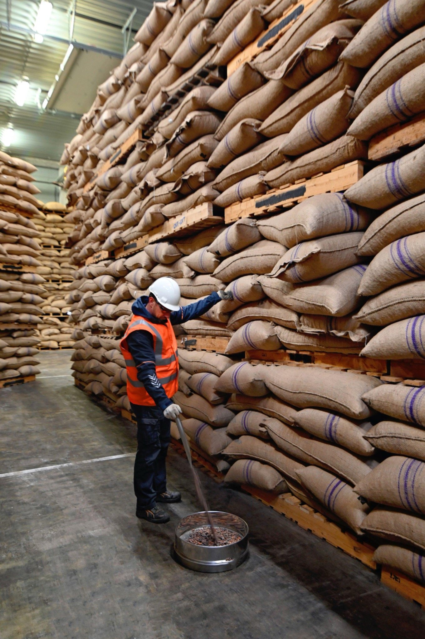 Warehouse quality control and cocoa bag inspection