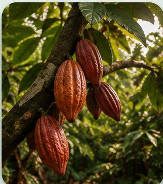 Cacao pods growing at origin